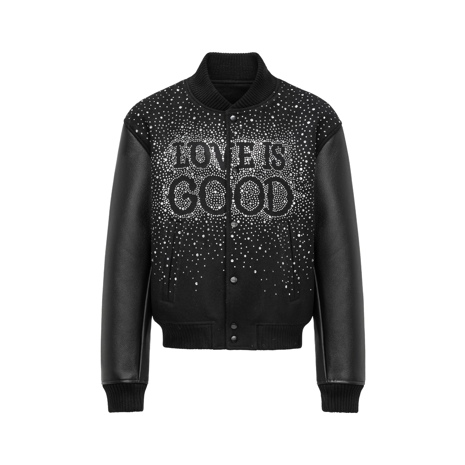 GOODBRAND 2024F/W LOVE IS GOOD Starry Rhinestone Patchwork Leather Baseball Jacket