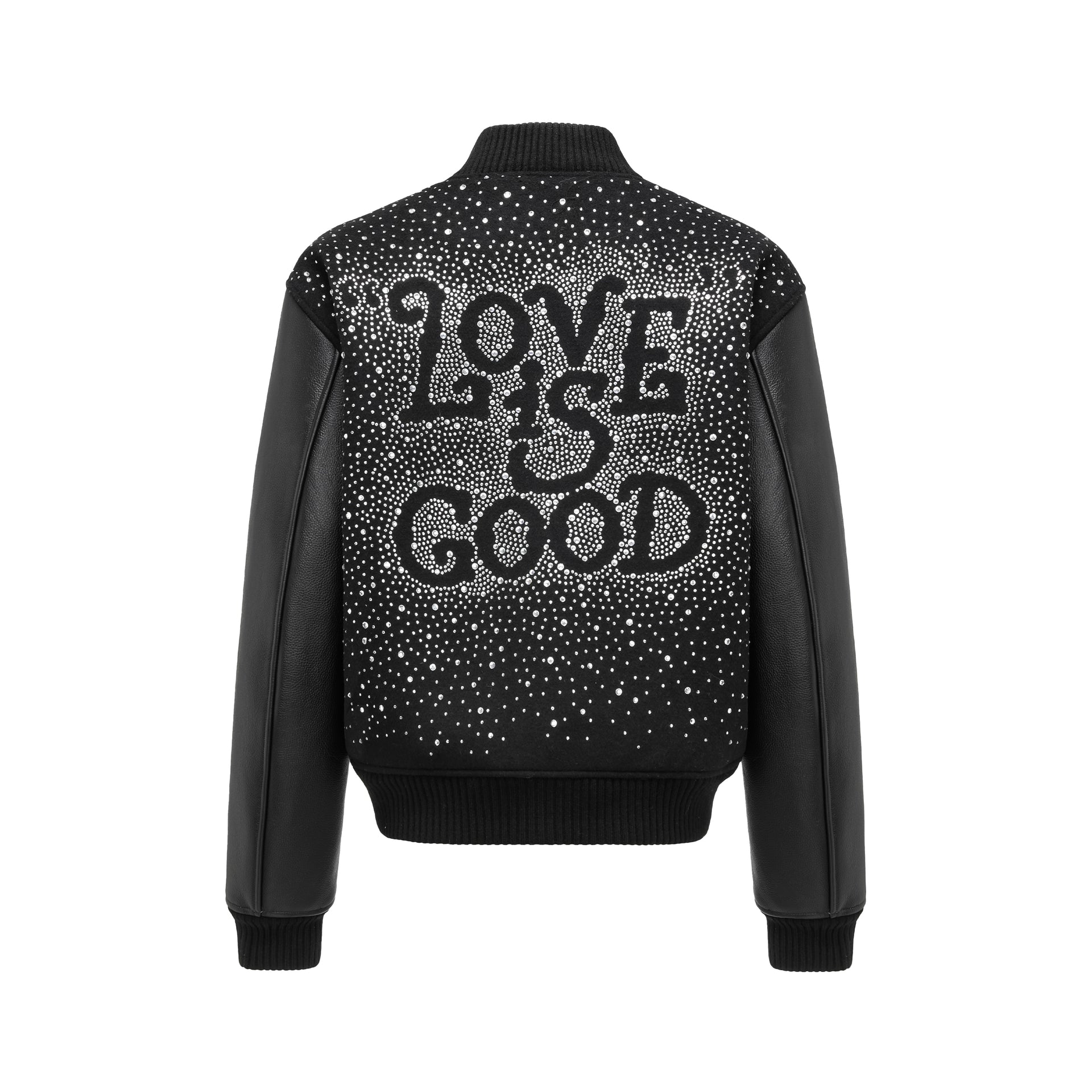 GOODBRAND 2024F/W LOVE IS GOOD Starry Rhinestone Patchwork Leather Baseball Jacket