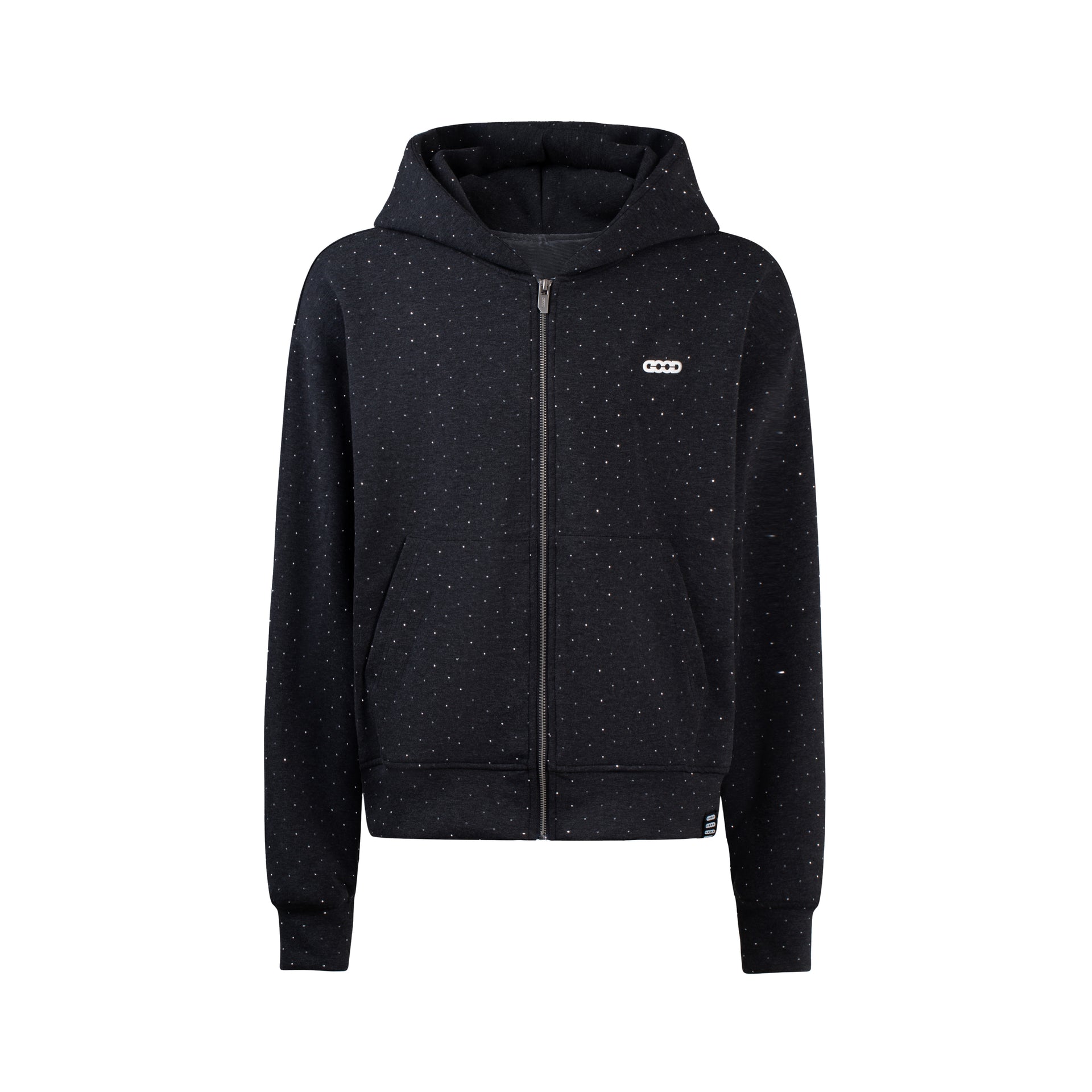 GOODBRAND 2024F/W Shimmering Silver Starry Rhinestone Air Layer Cardigan Hooded Sweatshirt