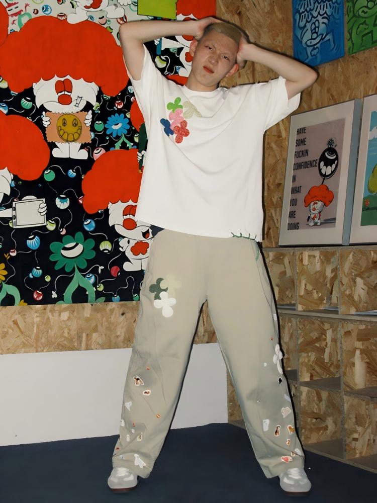 Not Boring Yarn-Embroidered Khaki Wide-Leg Pants