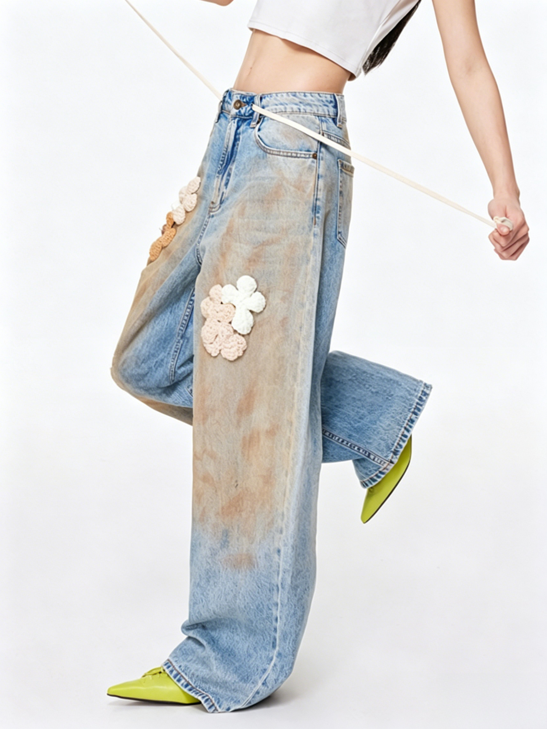 Not Boring Boreboi Heavy Wash Gradient Mud Dyed Wide Leg Jeans, 3D Crochet Flower Patch Dirty Denim Pants with Drawstring