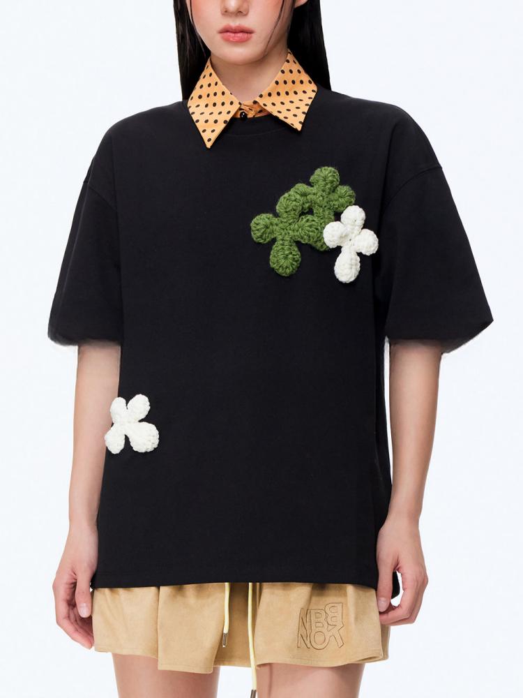 Not Boring Boreboi Crochet Flower Patch Oversized T-Shirt Unisex Breathable Cotton Tee