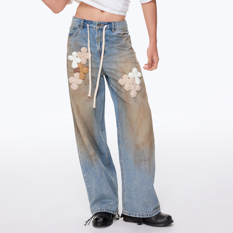 Not Boring Boreboi Heavy Wash Gradient Mud Dyed Wide Leg Jeans, 3D Crochet Flower Patch Dirty Denim Pants with Drawstring