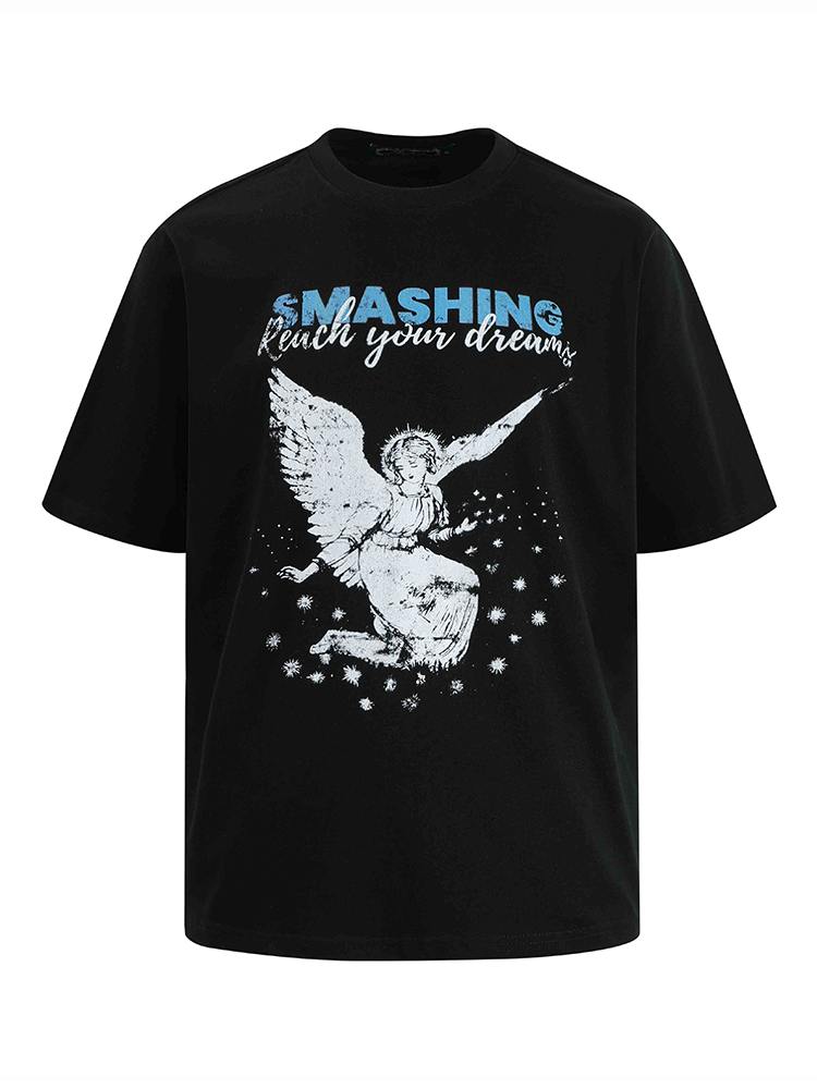 SMASHING Vintage Angel Print Oversized Black T-Shirt