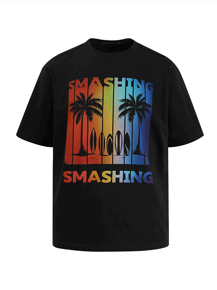 SMASHING Retro Tropical Gradient Logo Crewneck Casual T-Shirt