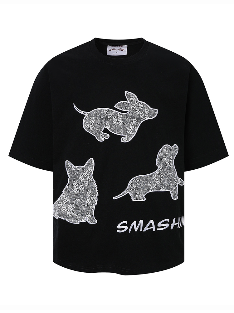 SMASHING Lace Dog Patch Embroidered Oversized Black T-Shirt