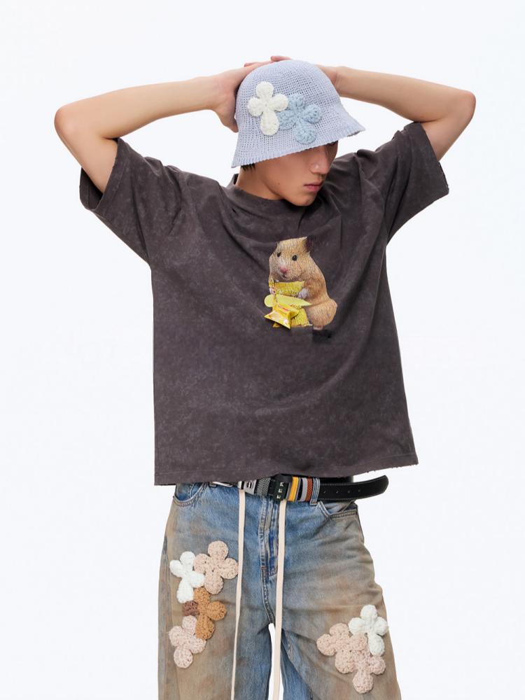 Not Boring Boreboi Soft Combed Cotton Blend Basic Tee with Detachable Hamster Print, Cropped Waist Crew Neck Top