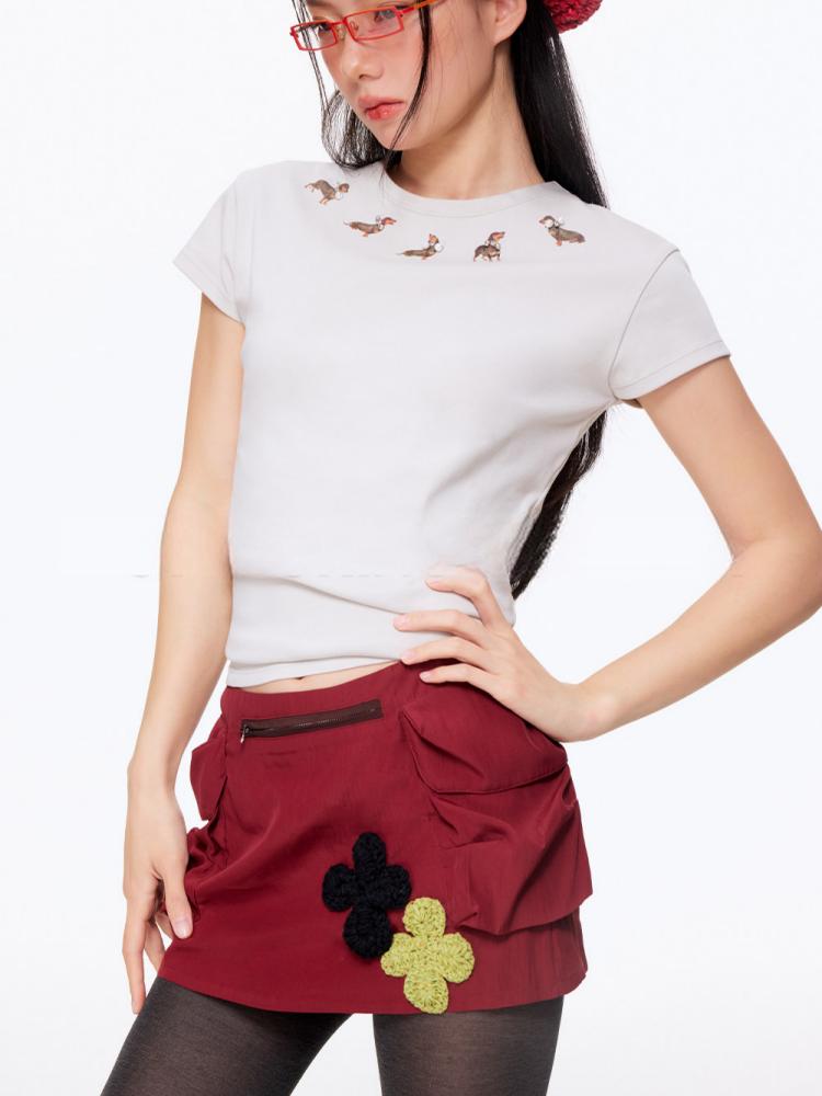 Not Boring Boreboi Color Contrast Crochet Floral Patch Sweat Shorts, Breathable Quick Dry Casual Knee Shorts