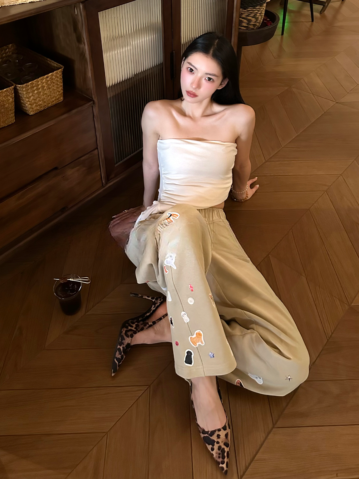 Not Boring Boreboi High Waist Khaki Wide Leg Pants Cute Animal Knit Patches French Terry