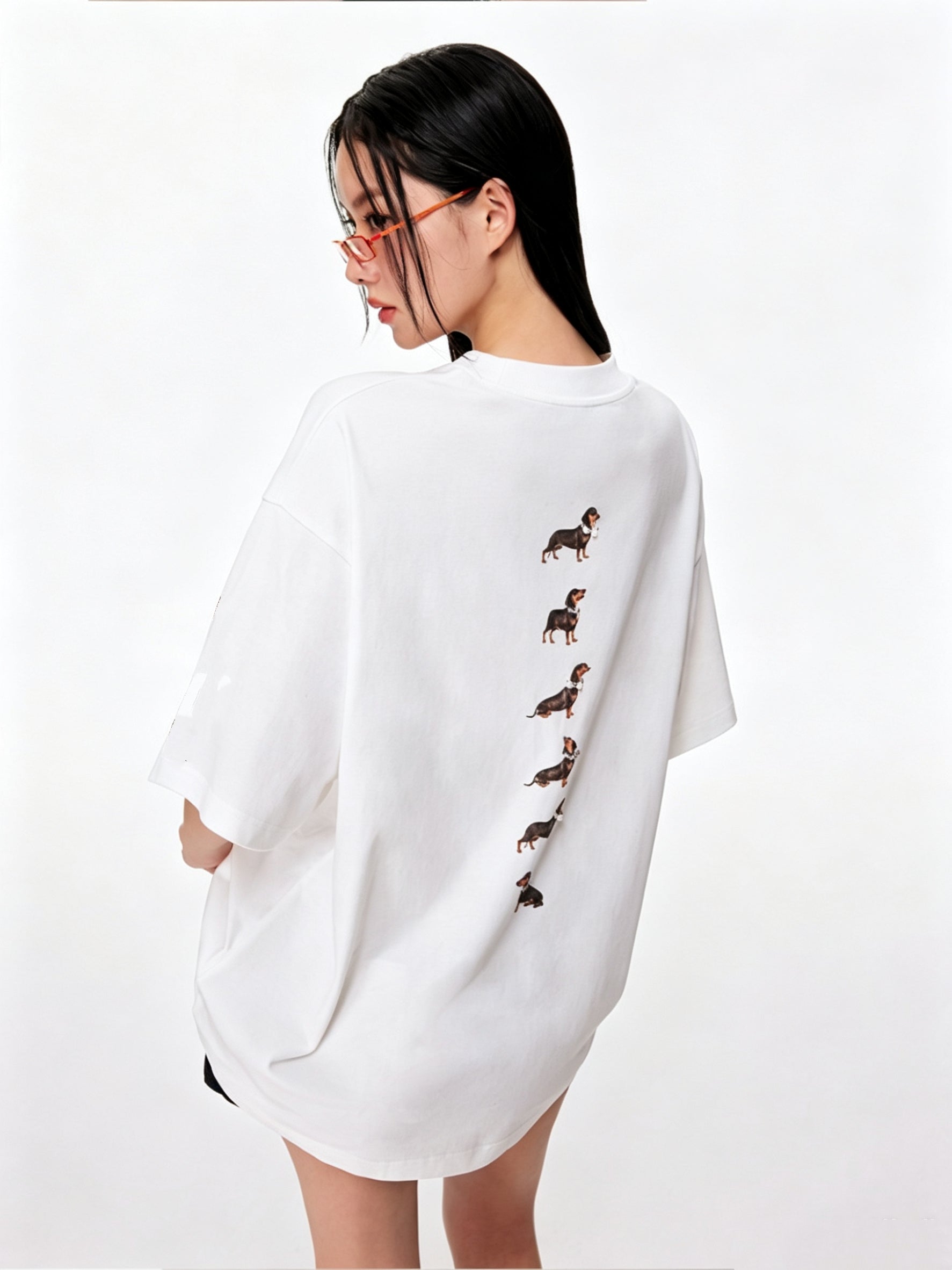 Not Boring Boreboi Unisex Oversized Crew Neck T-Shirt, 3D Beaded Dachshund Print Combed Cotton Blend Tee