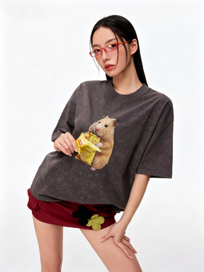 Not Boring Boreboi Soft Combed Cotton Blend Basic Tee with Detachable Hamster Print, Cropped Waist Crew Neck Top