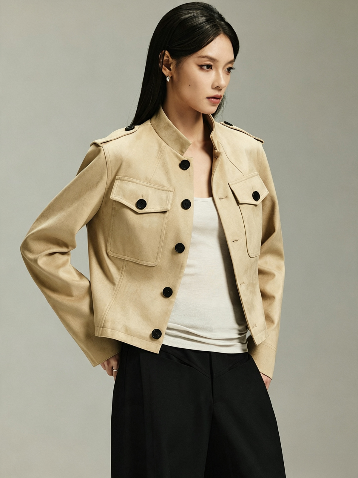 Not Boring Stand Collar Toggle Faux Suede Jacket