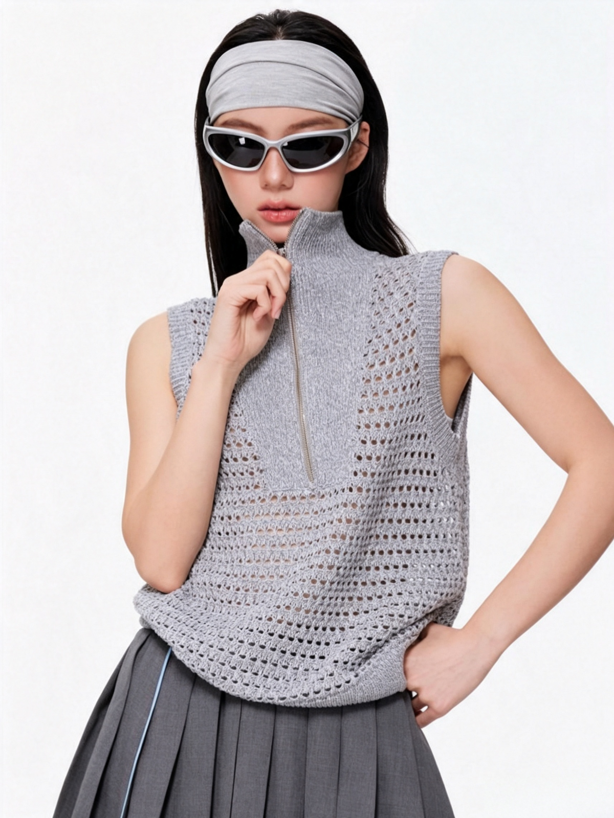 Not Boring Half‑Zip Hollow‑Out Knit Vest