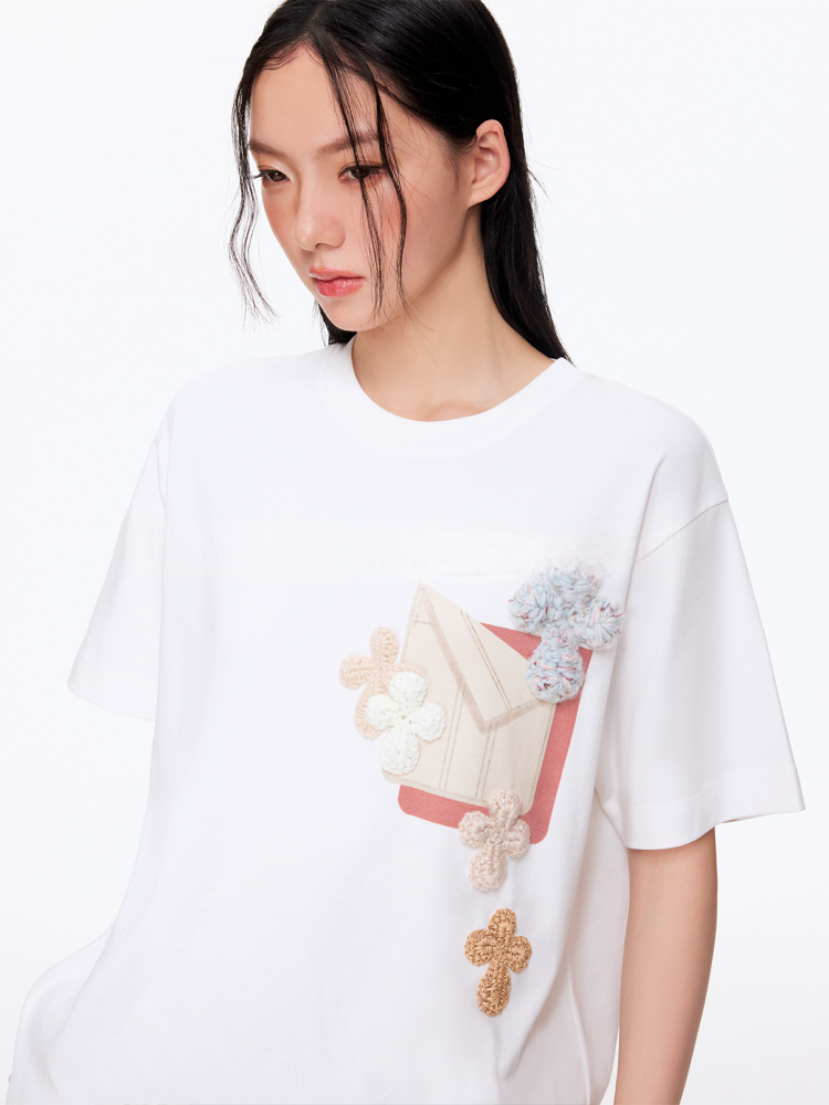 Not Boring Boreboi Unisex Oversized Crew Neck Tee, Crochet Floral Patch & Print Combed Cotton T-Shirt