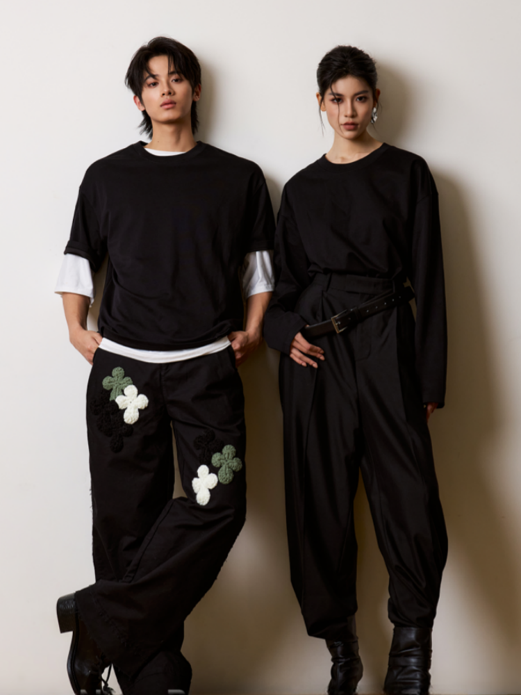 Not Boring Boreboi Heavyweight Straight Leg Casual Pants, 3D Crochet Floral Applique Draping Loose Trousers