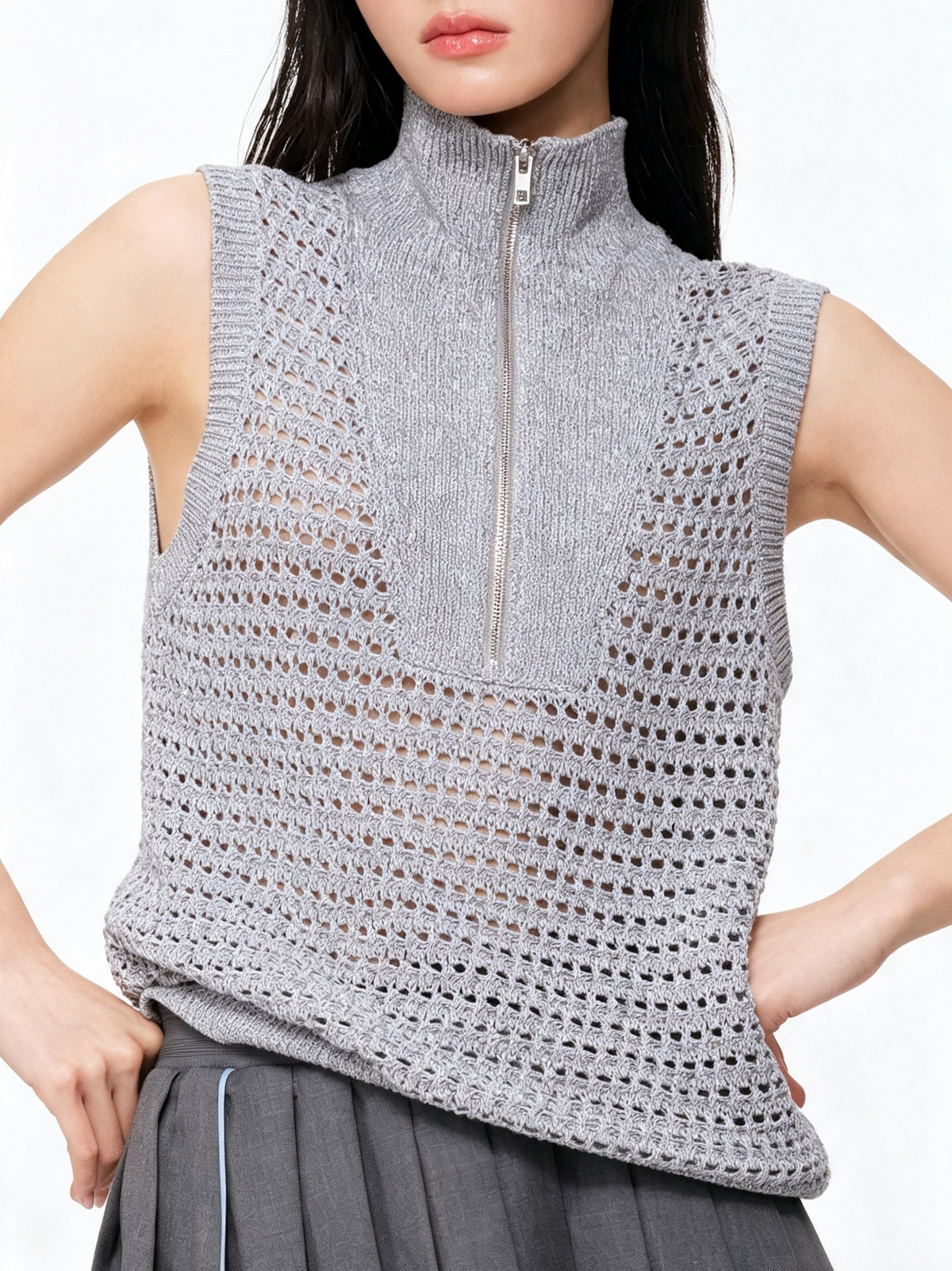 Not Boring Half‑Zip Hollow‑Out Knit Vest