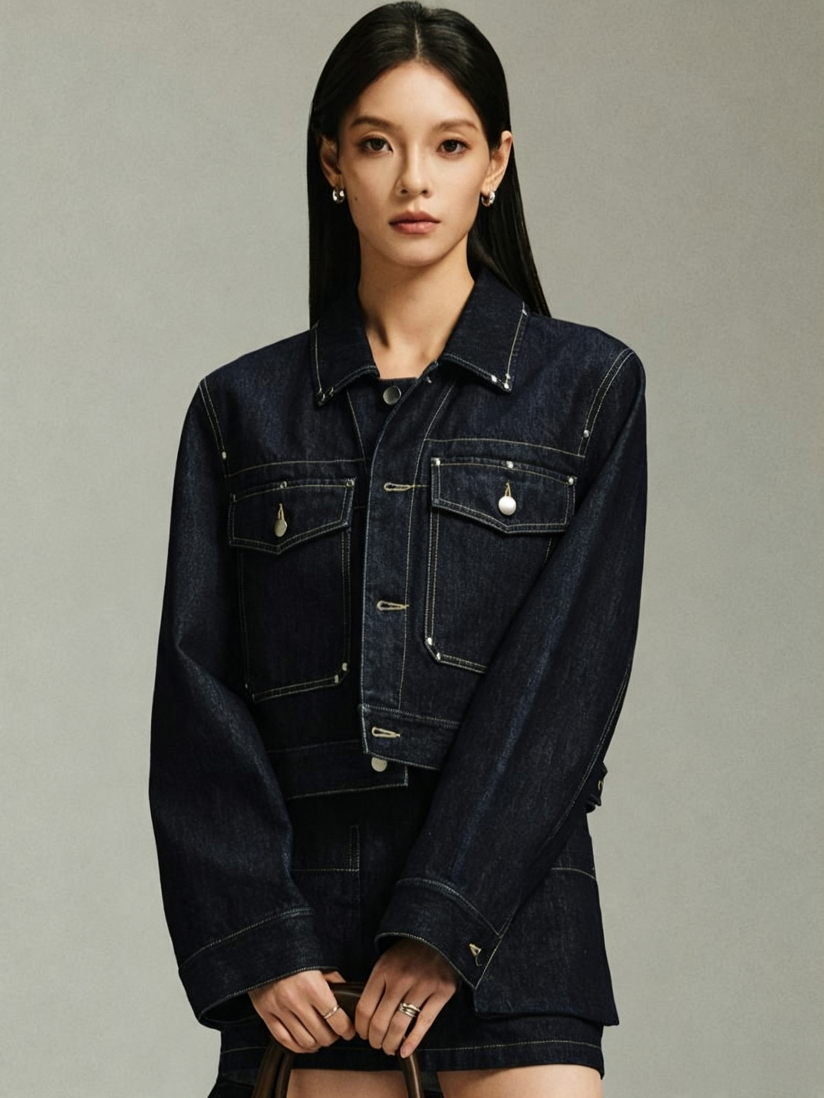 Not Boring Rivet Fitted Cropped Denim Jacket