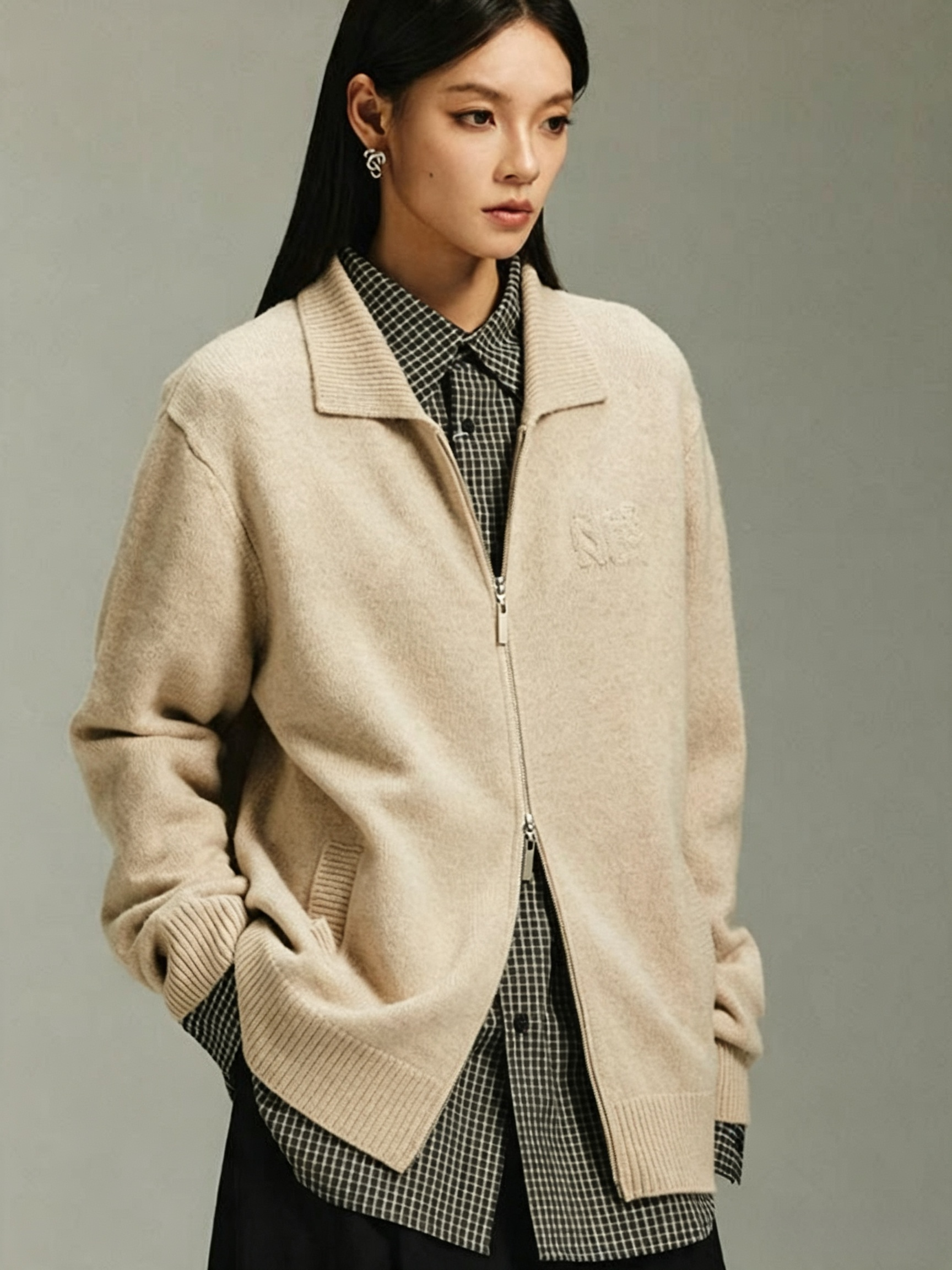 Not Boring Collared Double‑Zip Knit Cardigan