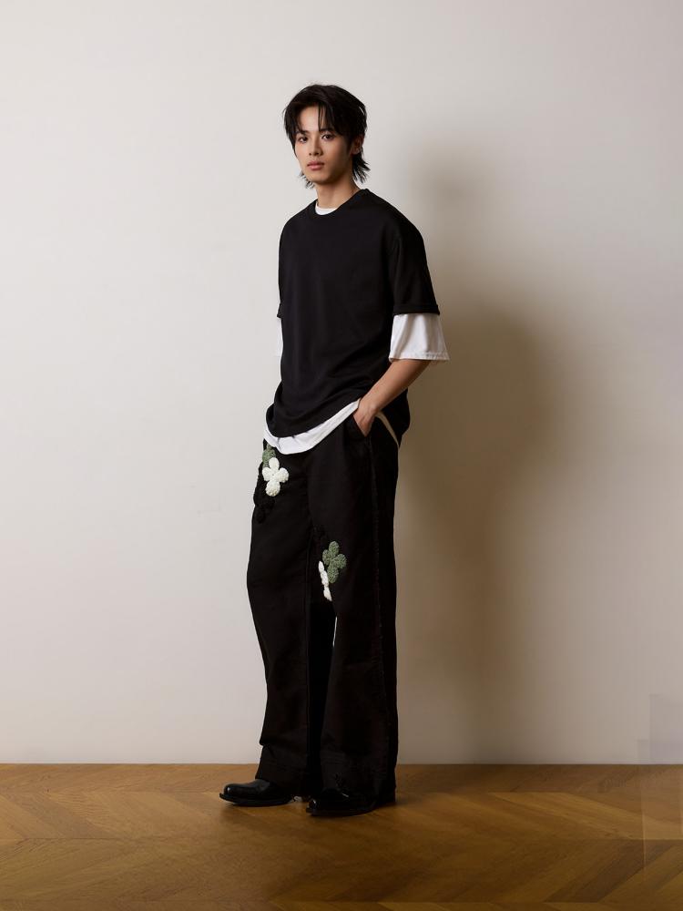 Not Boring Boreboi Heavyweight Straight Leg Casual Pants, 3D Crochet Floral Applique Draping Loose Trousers