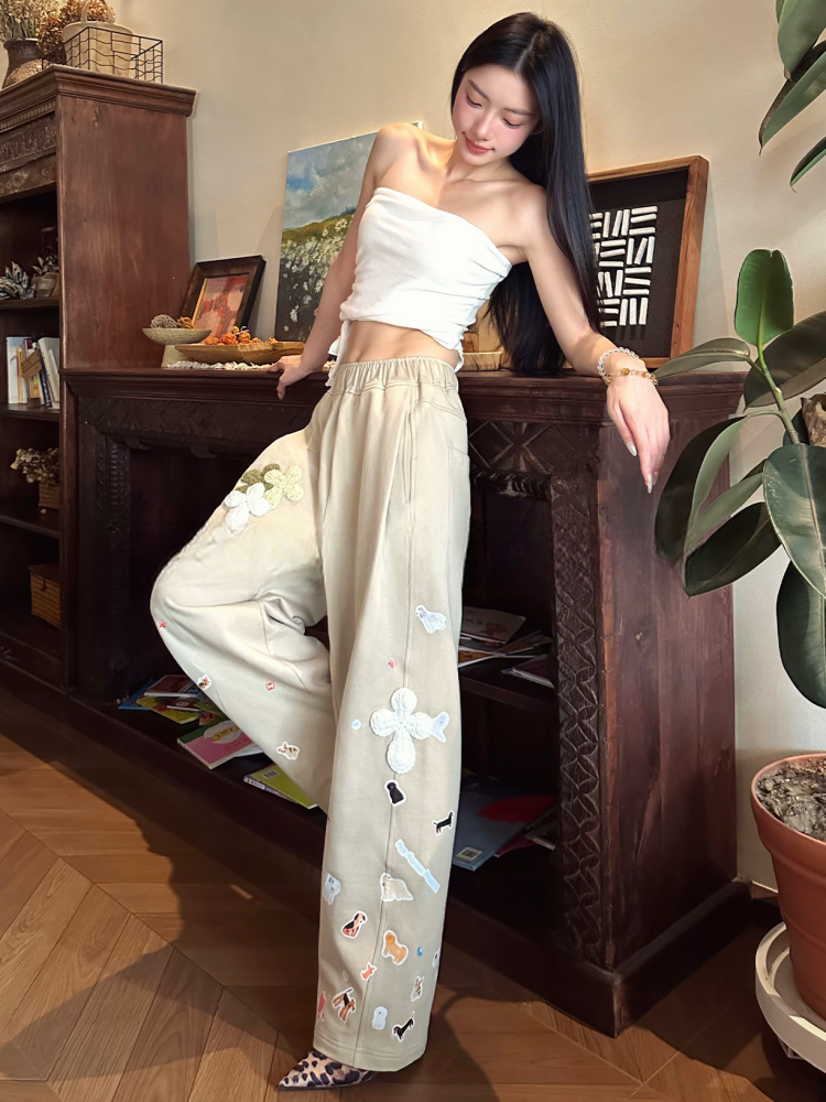 Not Boring Boreboi High Waist Khaki Wide Leg Pants Cute Animal Knit Patches French Terry