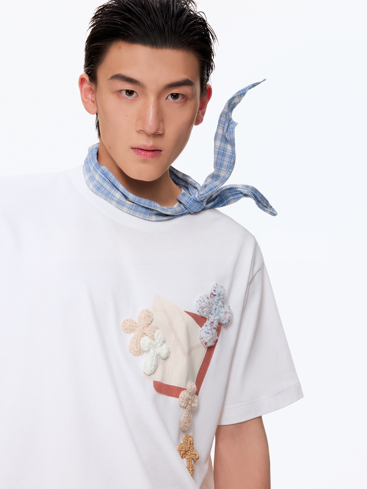 Not Boring Boreboi Unisex Oversized Crew Neck Tee, Crochet Floral Patch & Print Combed Cotton T-Shirt