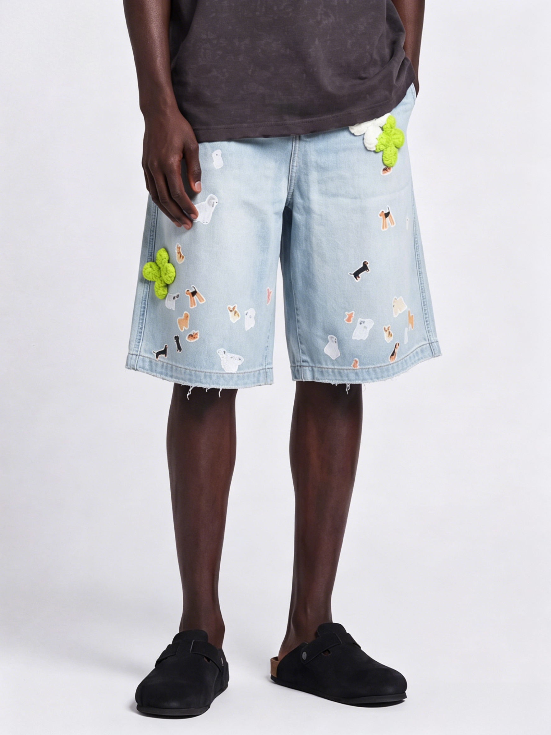 Not Boring Boreboi Lyocell Washed Denim Bermuda Shorts, Cute Dog Sticker Print Wide Leg Knee-Length Shorts