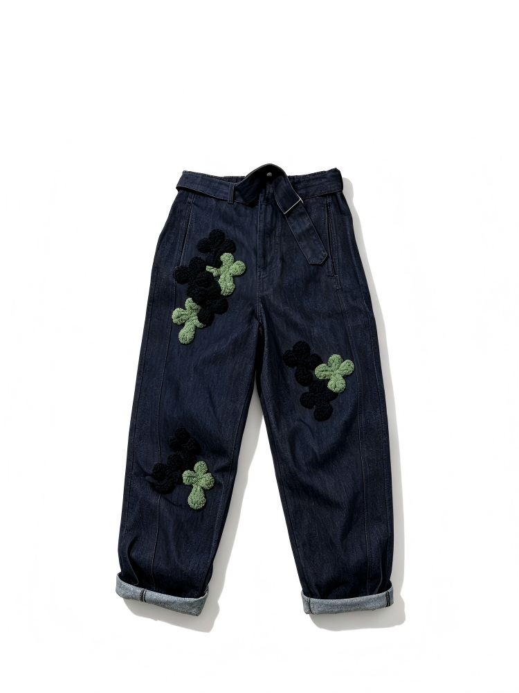 Not Boring High waisted baggy drop crotch jeans with green and black embroidery