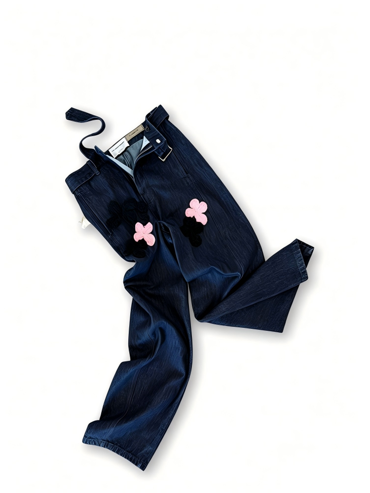 Not Boring High waisted baggy drop crotch jeans with pink and blackembroidery