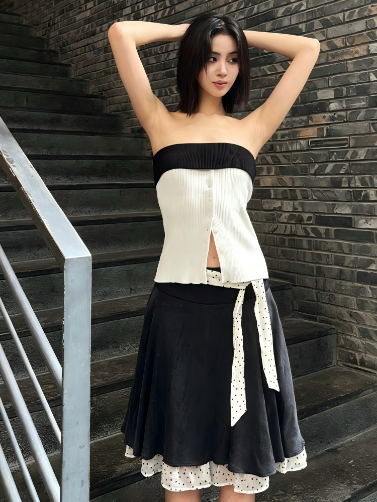 Not Boring Polka Dot Color-Block Pleated Skirt