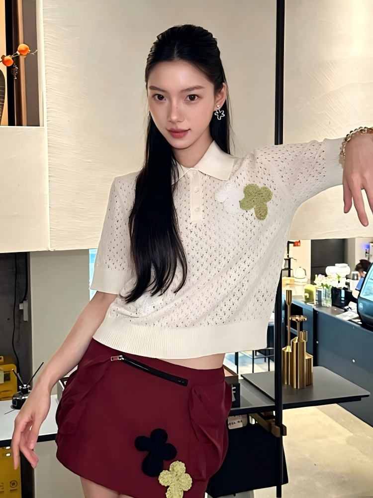 Not Boring Openwork Knit Short-Sleeve Polo Shirt