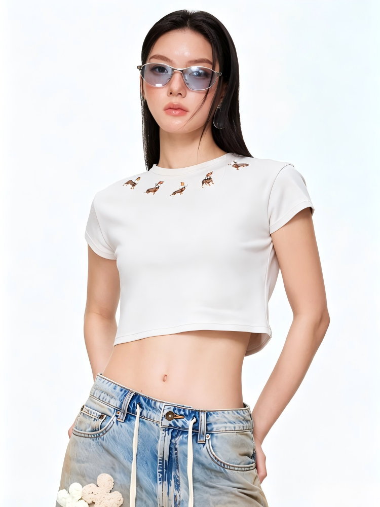 Not Boring Rhinestone Embellished Dog Print Short-Sleeve Tee