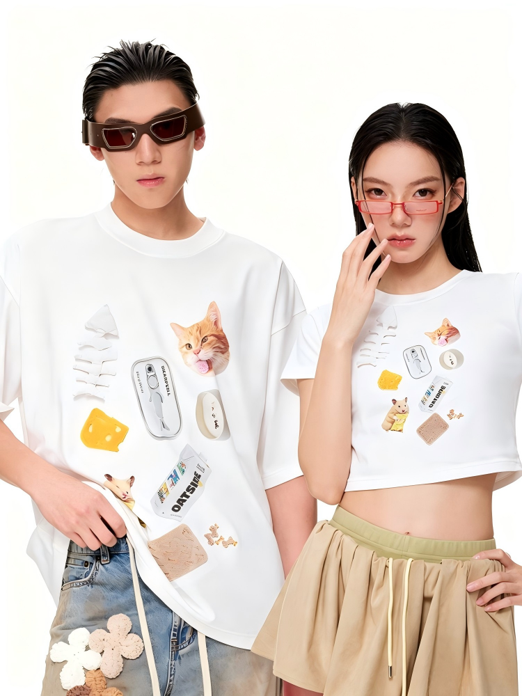 Not Boring 3D Fishbone Print Couples Crewneck Short-Sleeve Tee