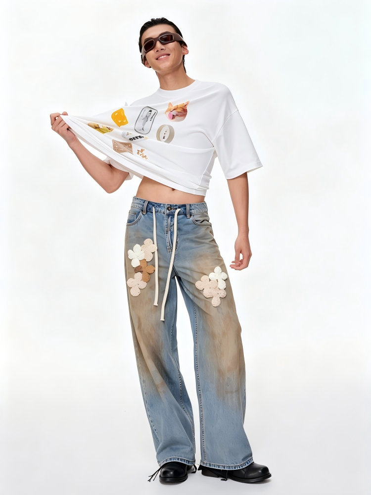 Not Boring 3D Fishbone Print Couples Crewneck Short-Sleeve Tee