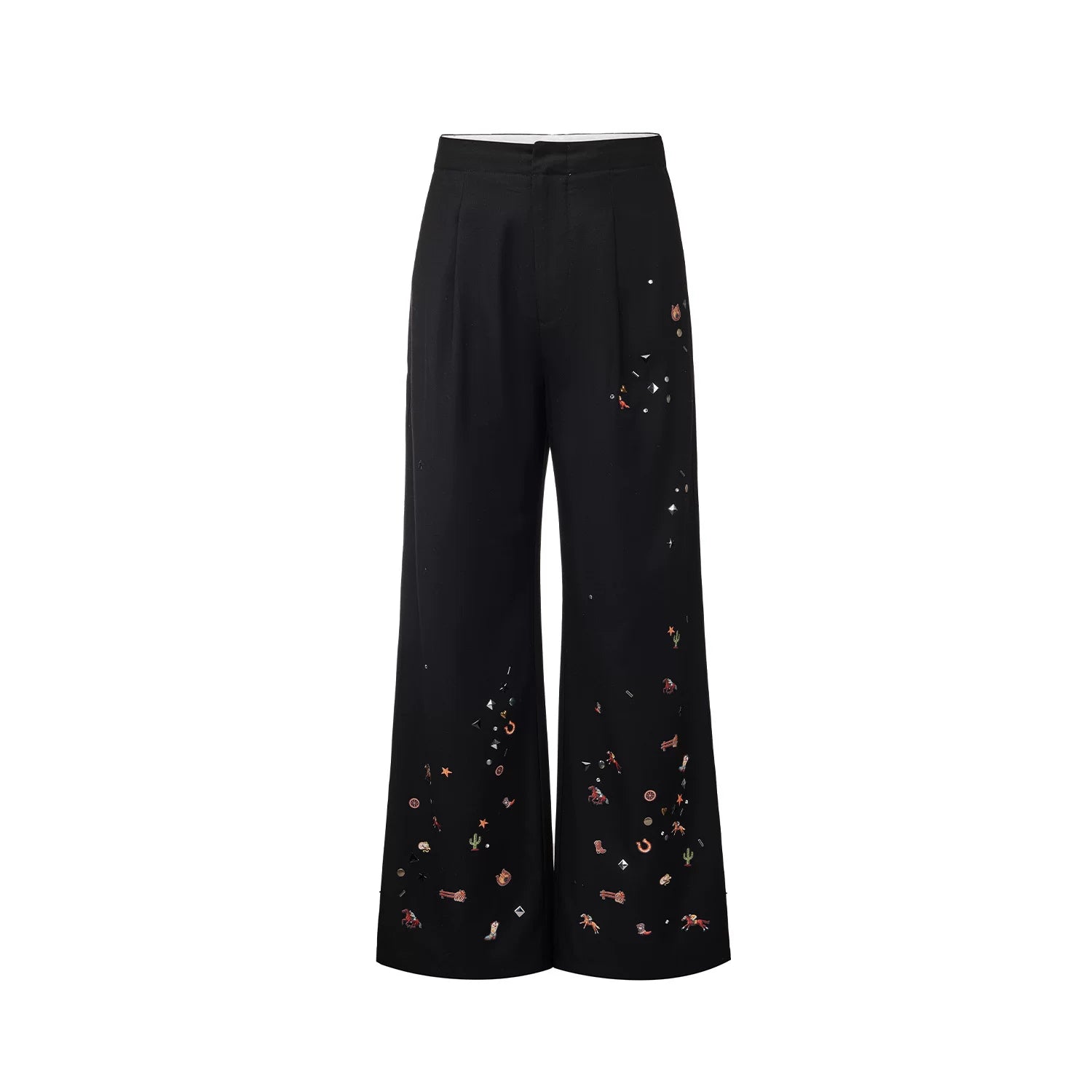 GOODBRAND 26SS Black Wide Leg Pants with Horse Embroidery