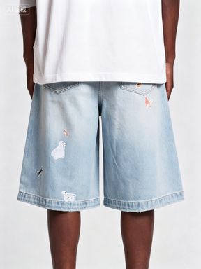 Not Boring Boreboi Lyocell Washed Denim Bermuda Shorts, Cute Dog Sticker Print Wide Leg Knee-Length Shorts